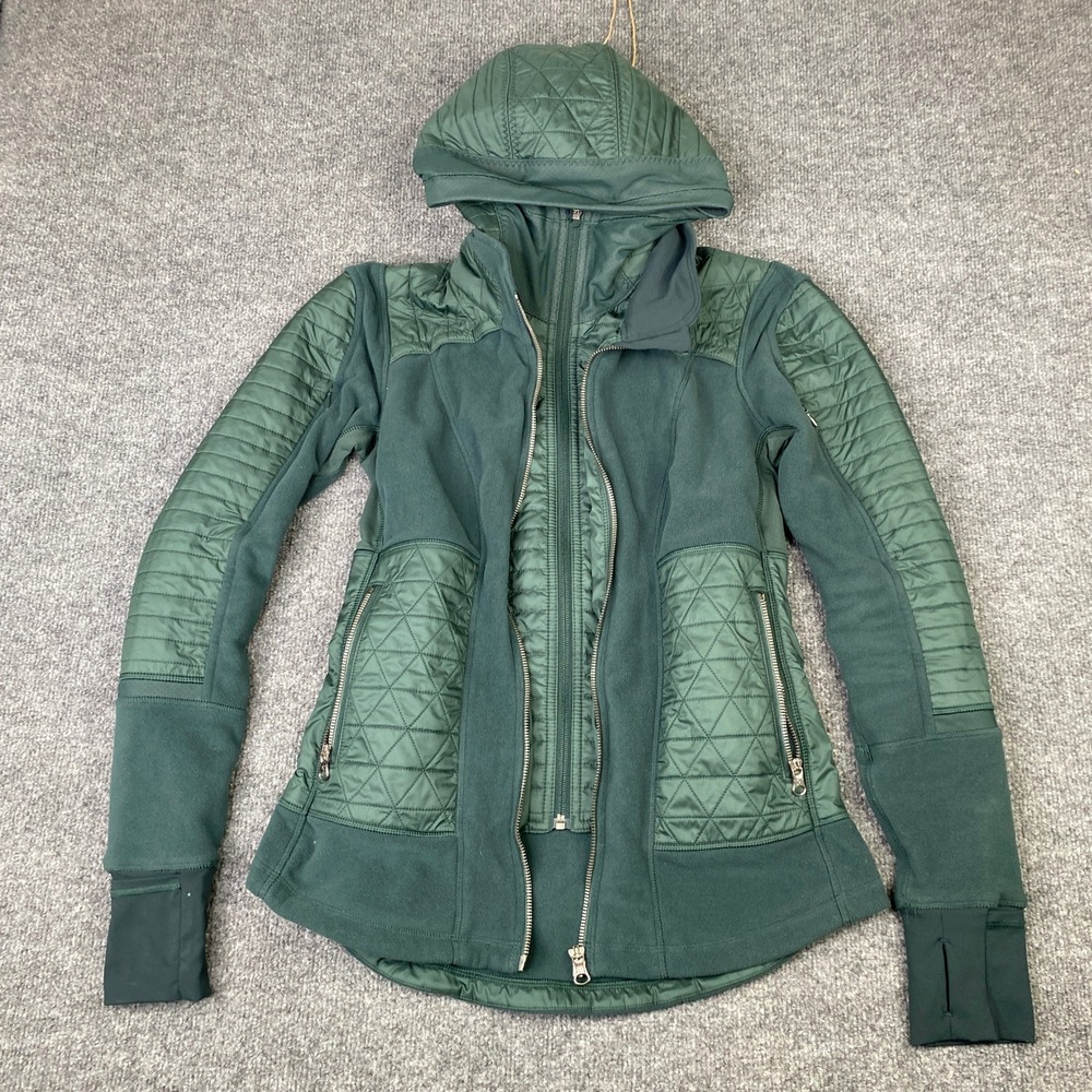 Lululemon Kanto Catch Me Jacket Green Quilted Fleece Hooded Running Coat Size 6